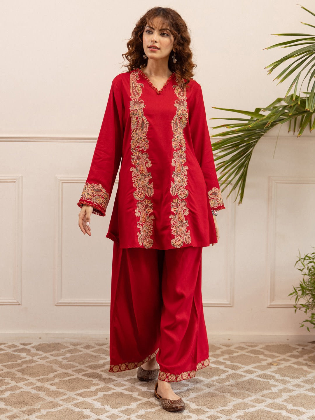 Red Embroidered Viscose Rayon A-Line Kurta Palazzo Set