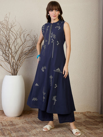 Blue Embroidered Pure Cotton A-Line Kurta Palazzo Set