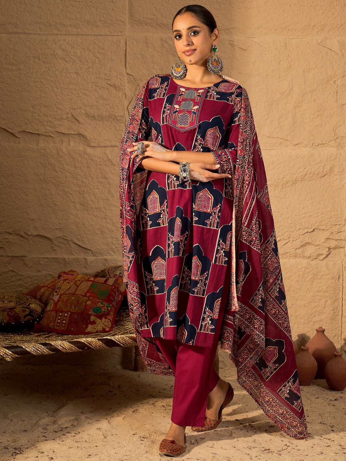 Pink Printed Pure Cotton Straight Kurta Sets With Dupatta