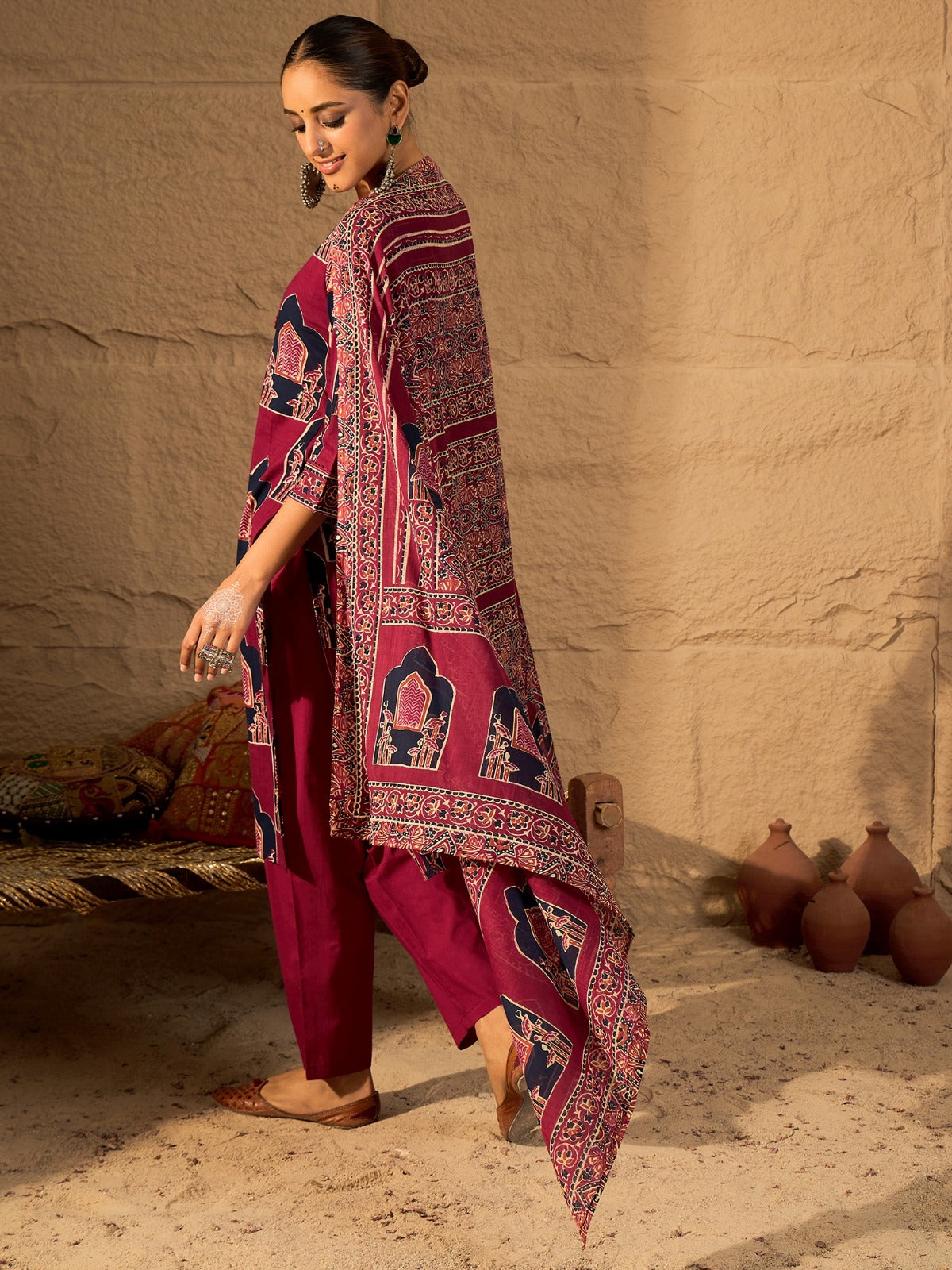 Pink Printed Pure Cotton Straight Kurta Sets With Dupatta