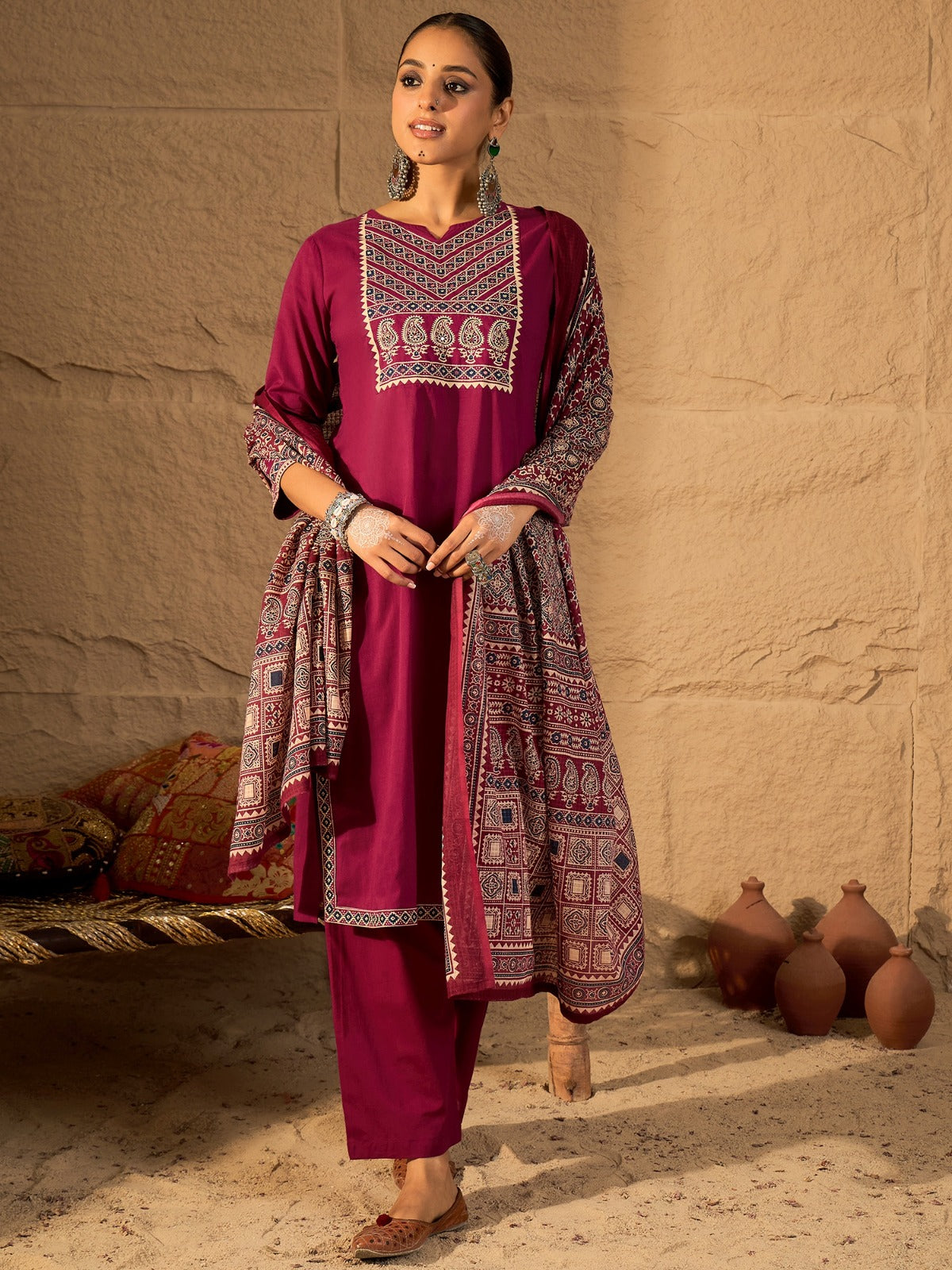 Pink Printed Pure Cotton Straight Kurta Sets With Dupatta