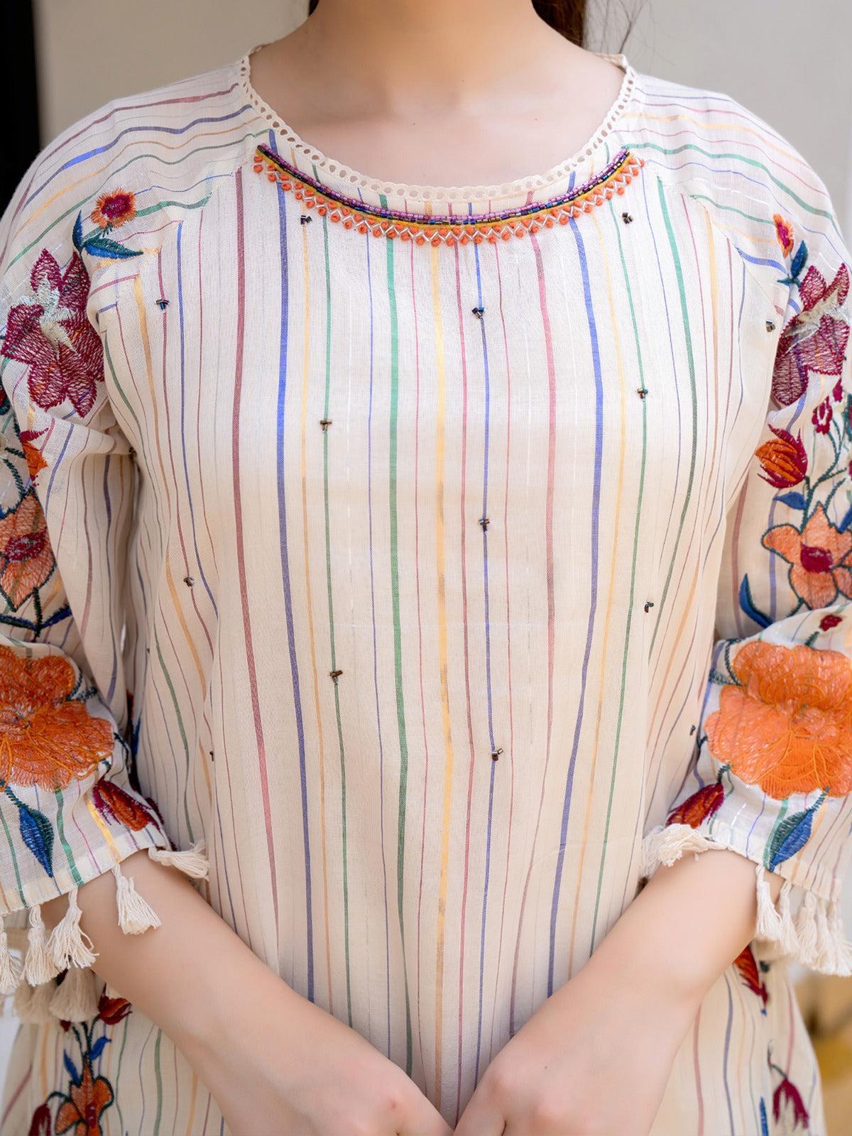 Off White Embroidered A-Line Kurta Palazzos Set