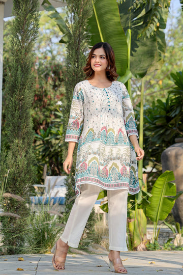 White Printed A-Line Pure Cotton kurta pant set