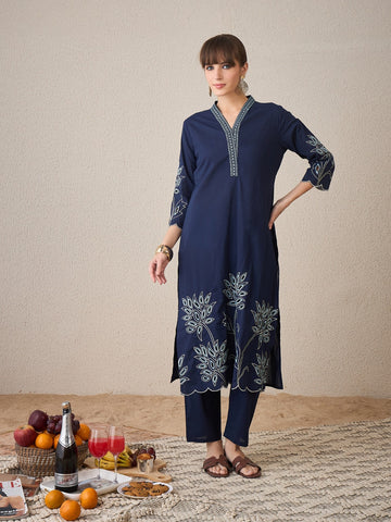 Navy Blue Embroidered Straight Kurta Set