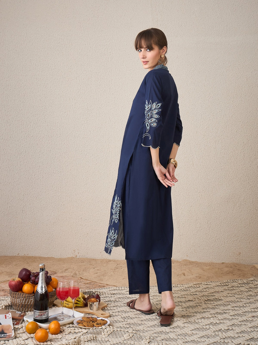 Navy Blue Embroidered Straight Kurta Set