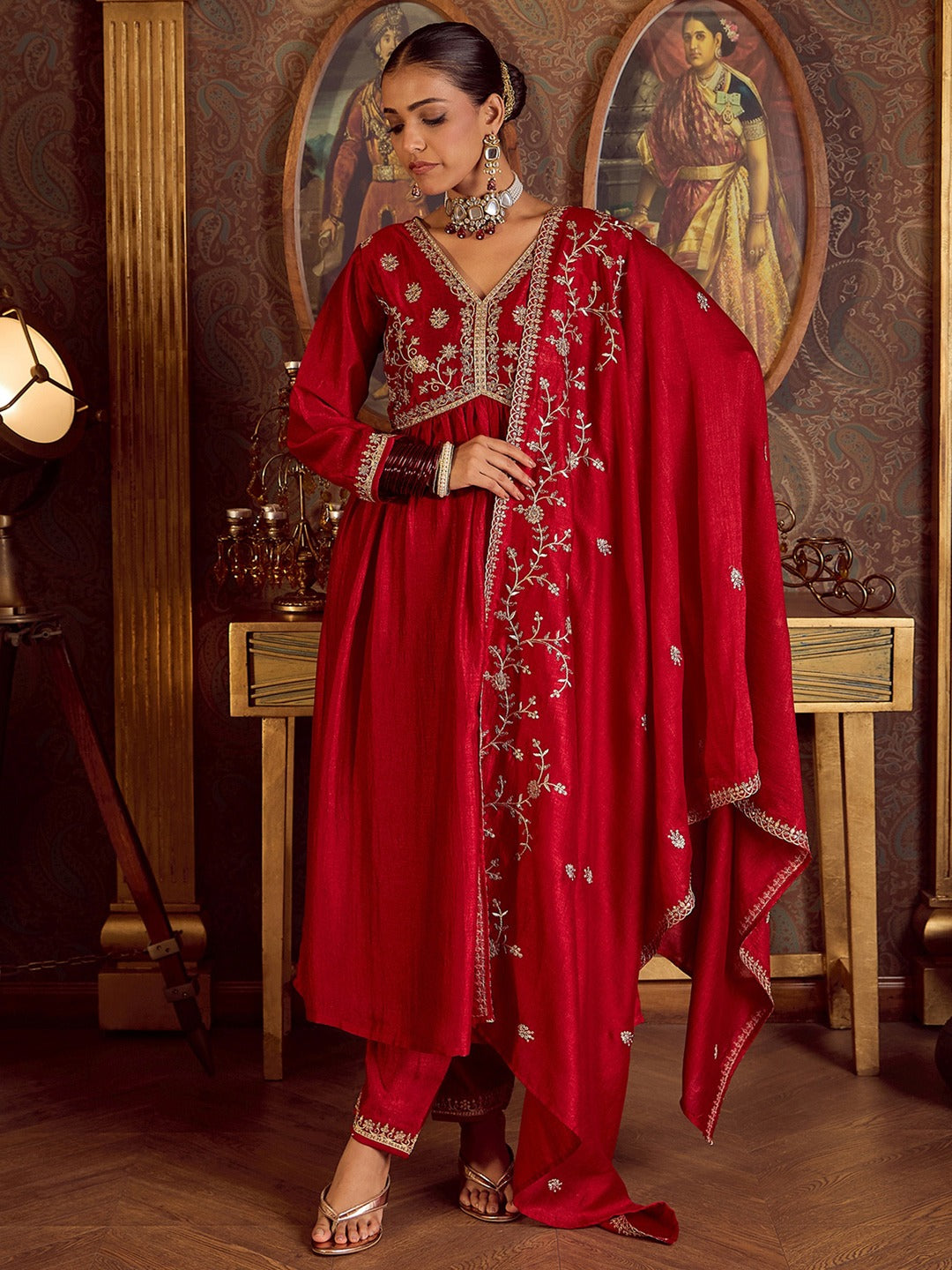 Embroidered A-Line Kurta Trousers With Dupatta Set