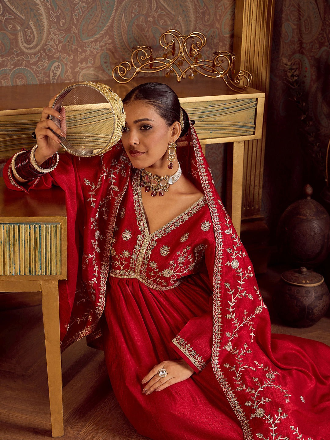 Embroidered A-Line Kurta Trousers With Dupatta Set