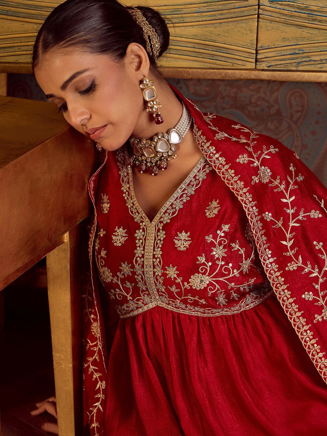 Embroidered A-Line Kurta Trousers With Dupatta Set