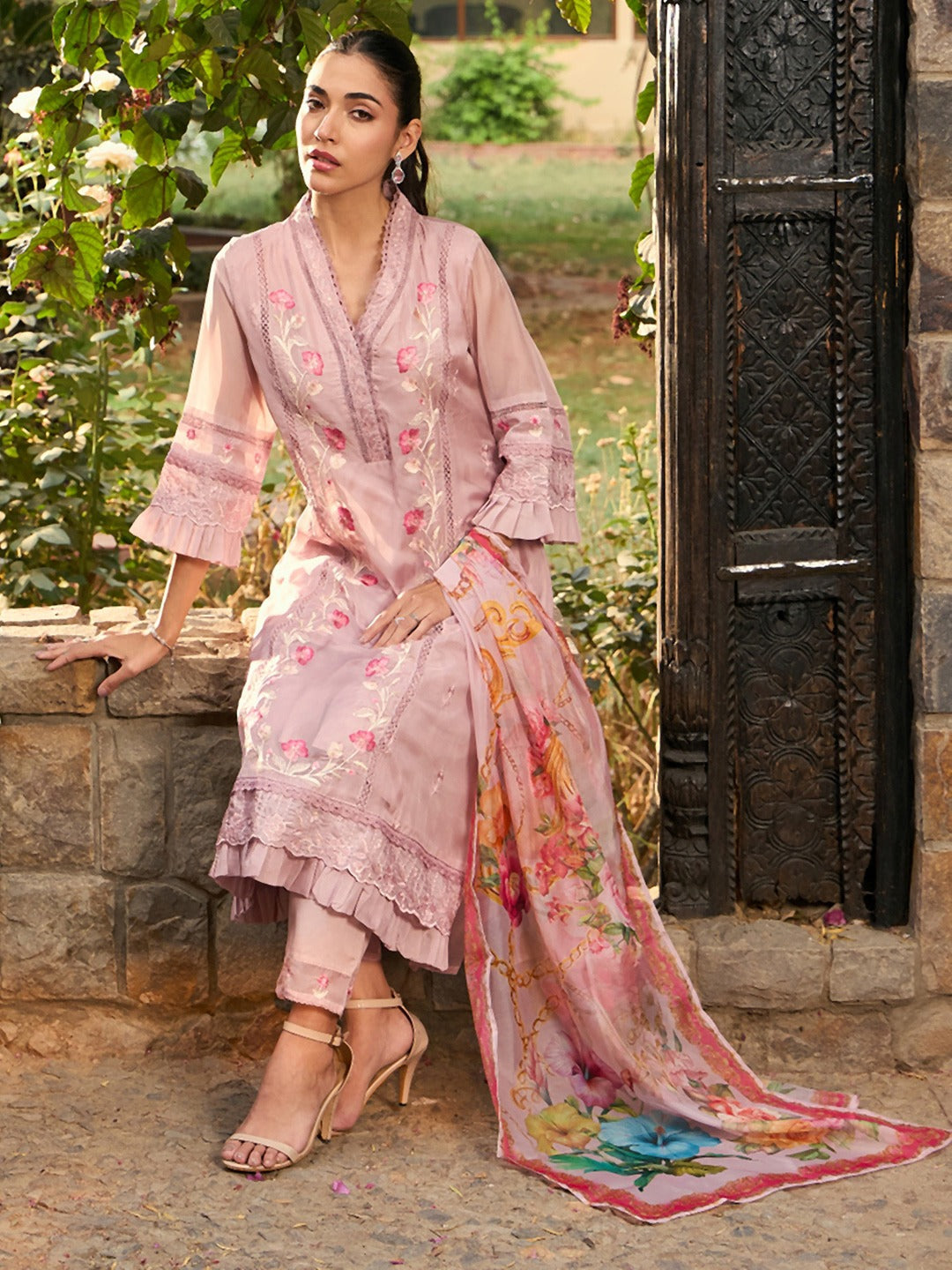 Mauve Embroidered A-Line Kurta Trousers With Dupatta