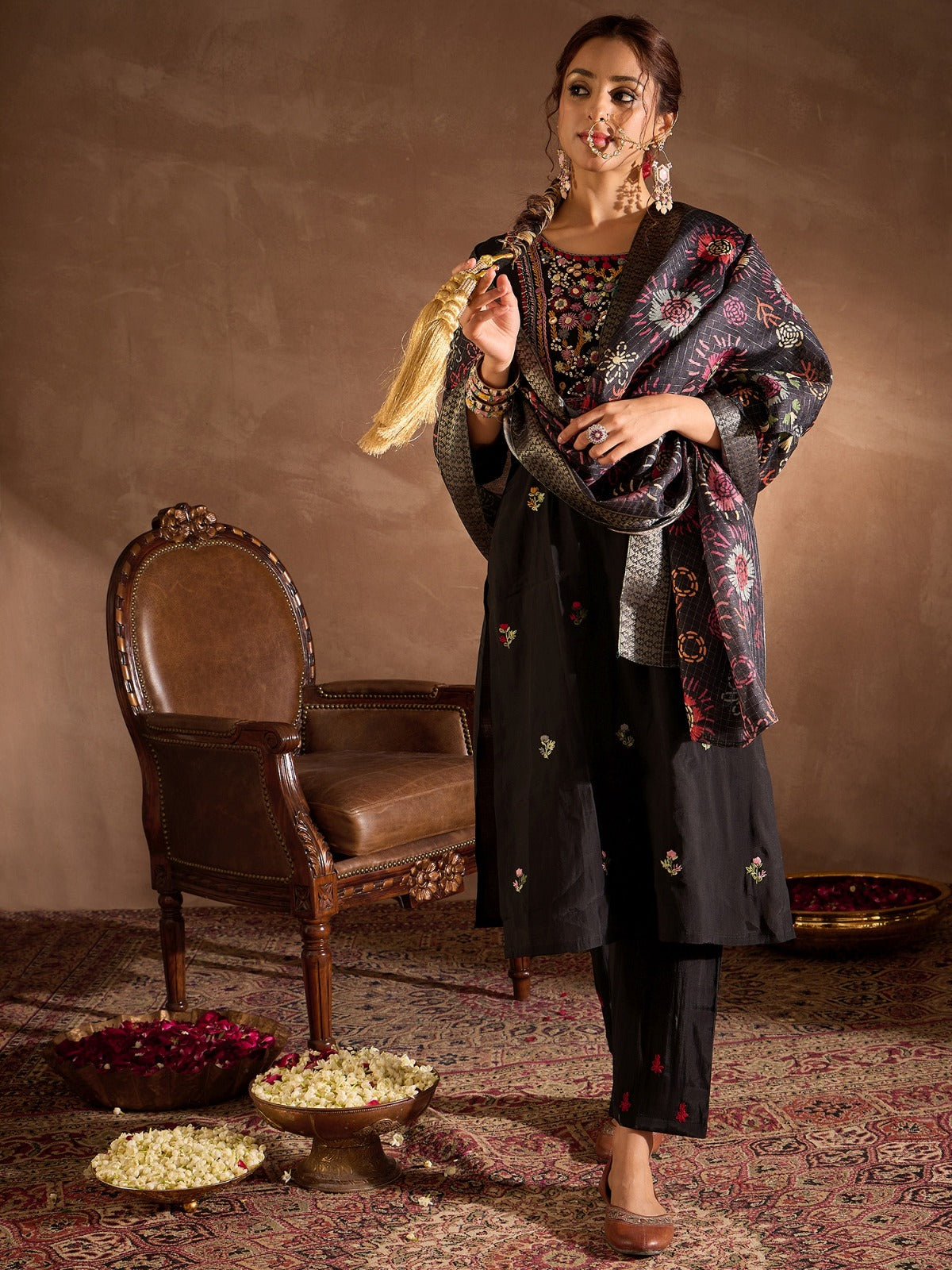 Black Embroidered Straight Kurta Trousers With Dupatta Set