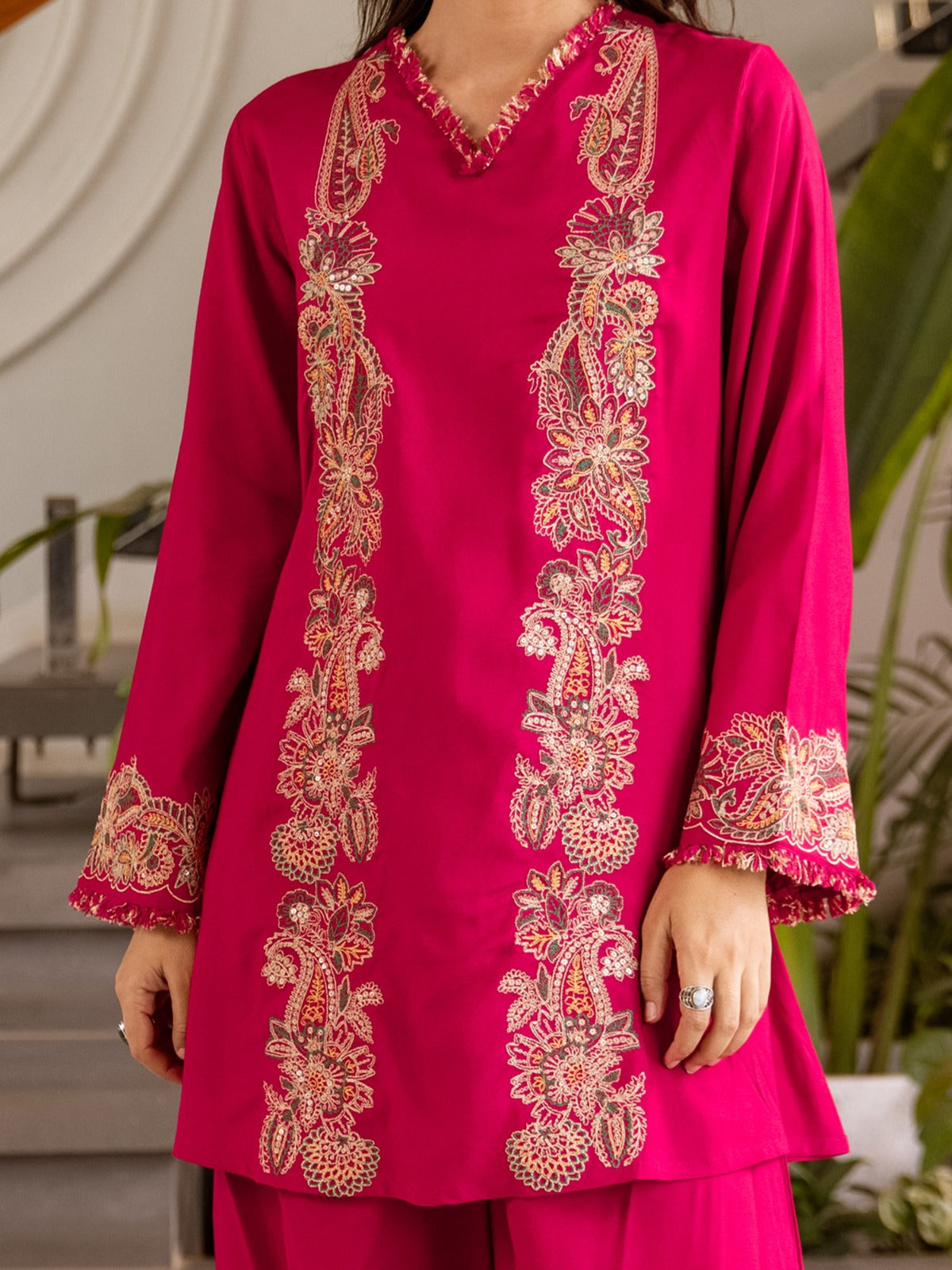Pink Embroidered Viscose Rayon Straight Kurta Palazzo Set