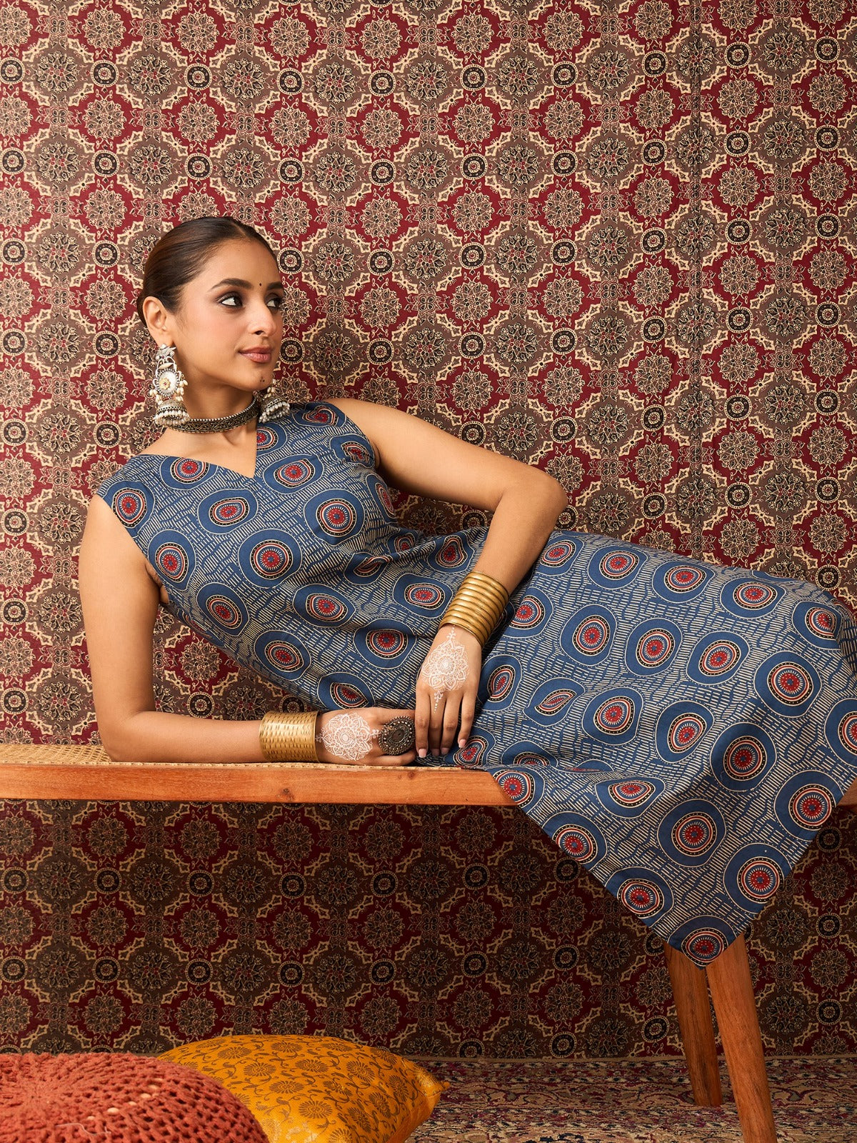 Blue Printed Pure Cotton Straight Kurta Trouser Set