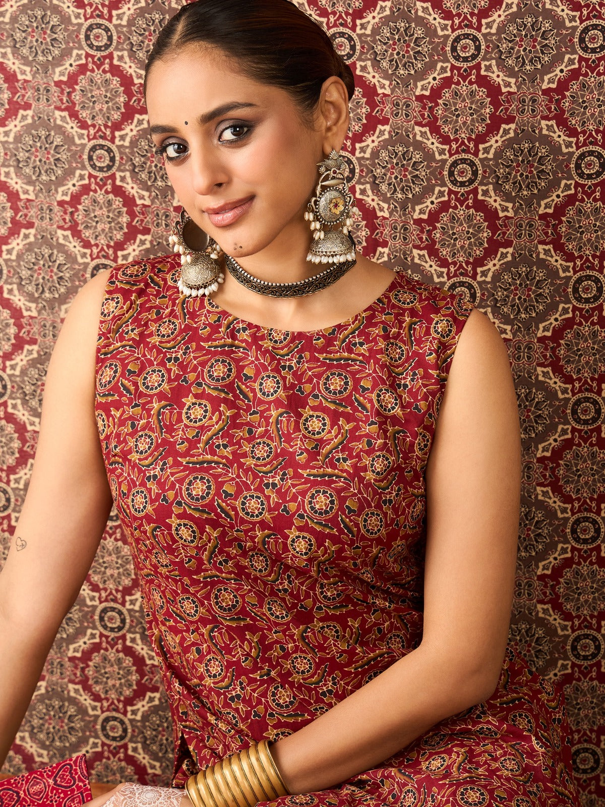 Maroon Printed Pure Cotton Straight Kurta Salwar Set