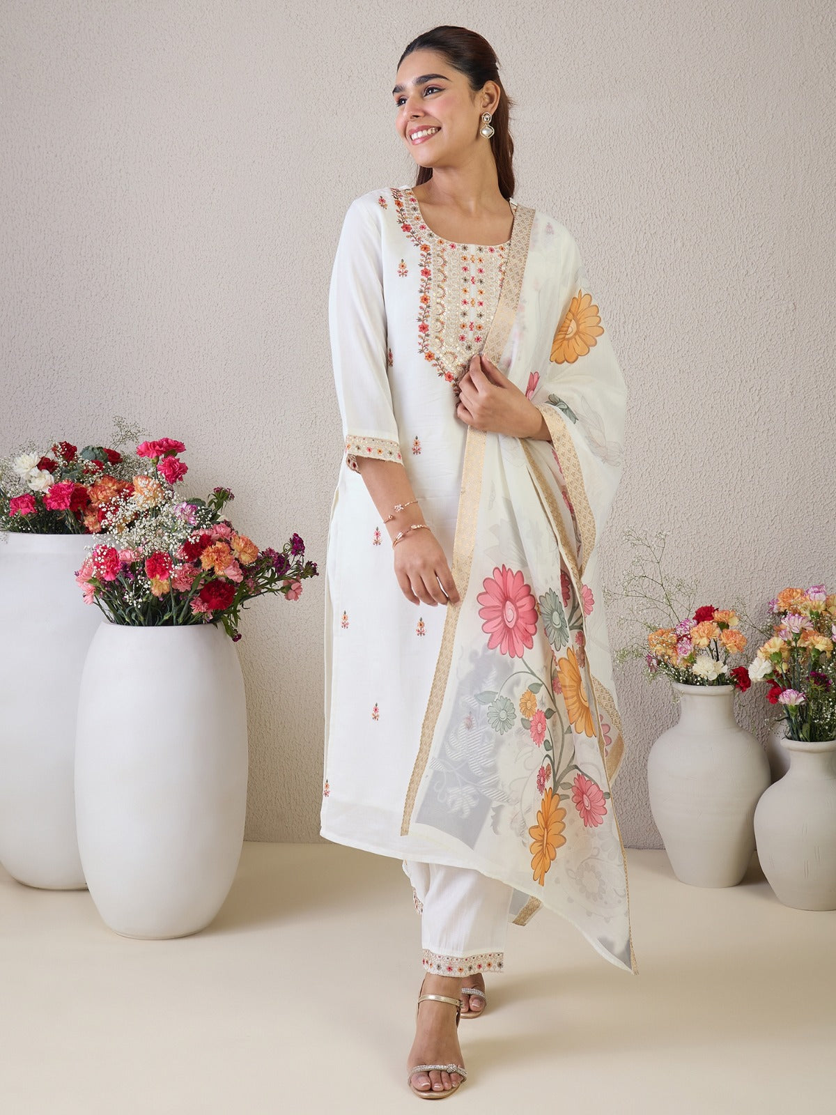 White Embroidered Straight Kurta Set With Dupatta