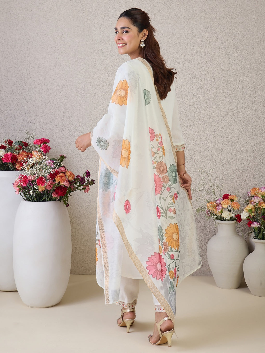 White Embroidered Straight Kurta Set With Dupatta