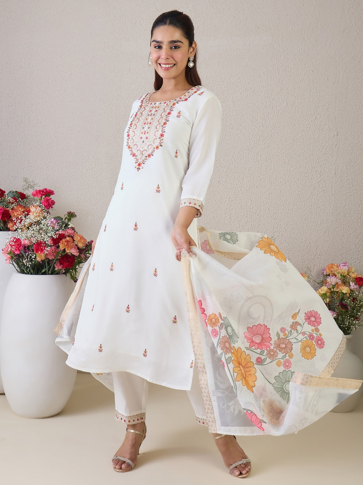 White Embroidered Straight Kurta Set With Dupatta
