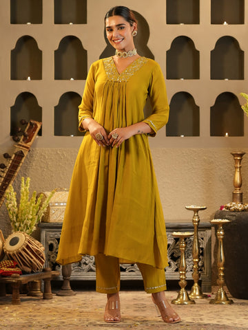 Mustard Embroidered Chanderi Silk A-Line Kurta Trouser Set