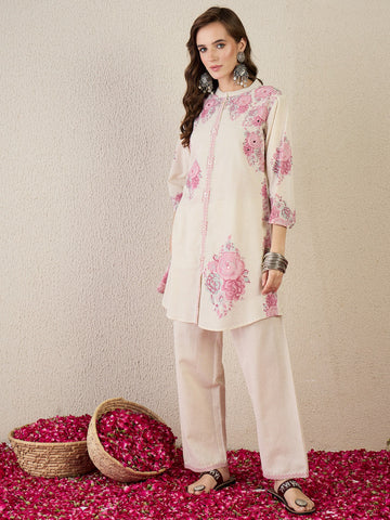 White Printed Pure Cotton A-Line Kurta Sets