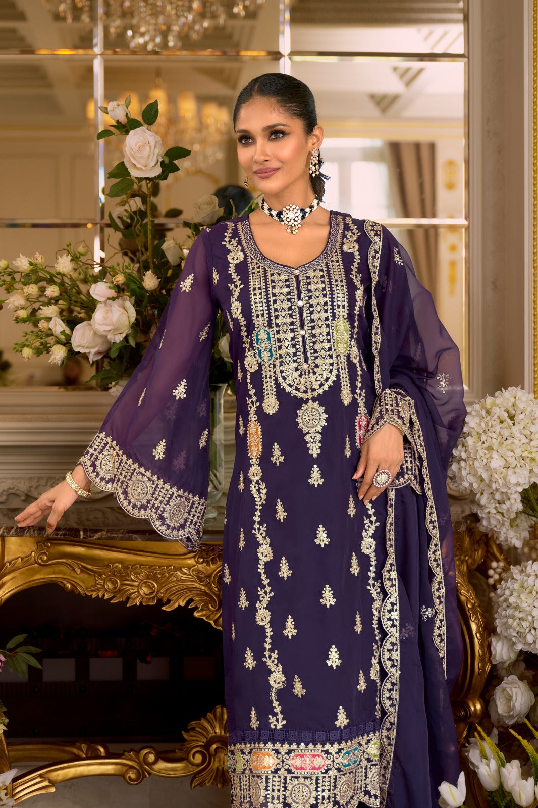 Purple Embroidered Organza Straight Kurta Sets With Dupatta