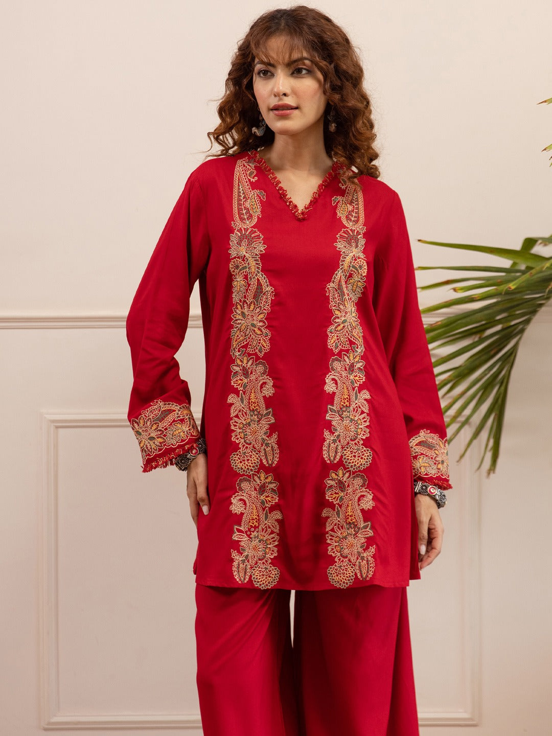 Red Embroidered Viscose Rayon A-Line Kurta Palazzo Set