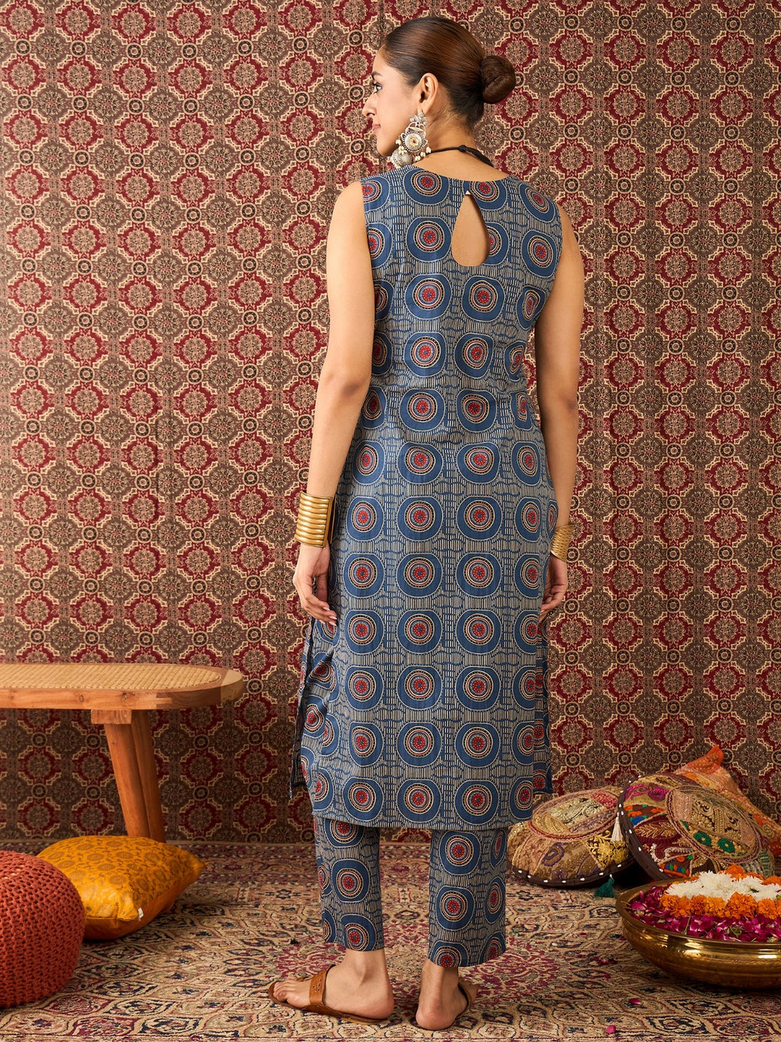 Blue Printed Pure Cotton Straight Kurta Trouser Set