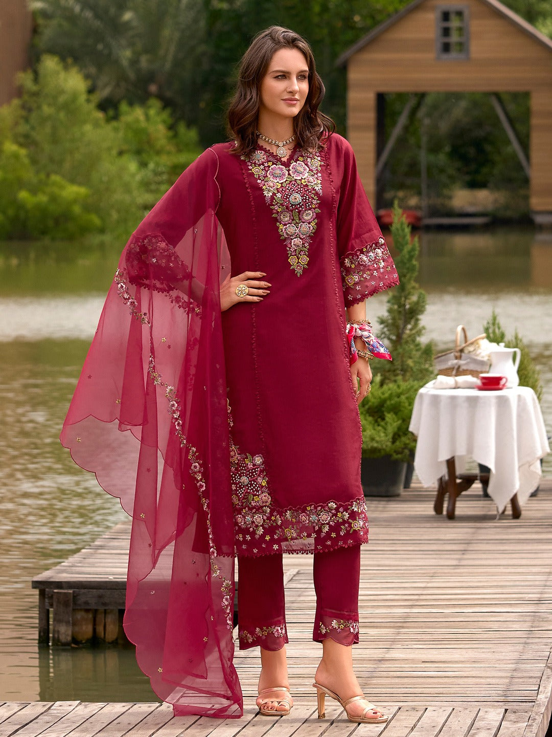 Maroon Embroidered Straight Cotton Blend Suit Set With Dupatta
