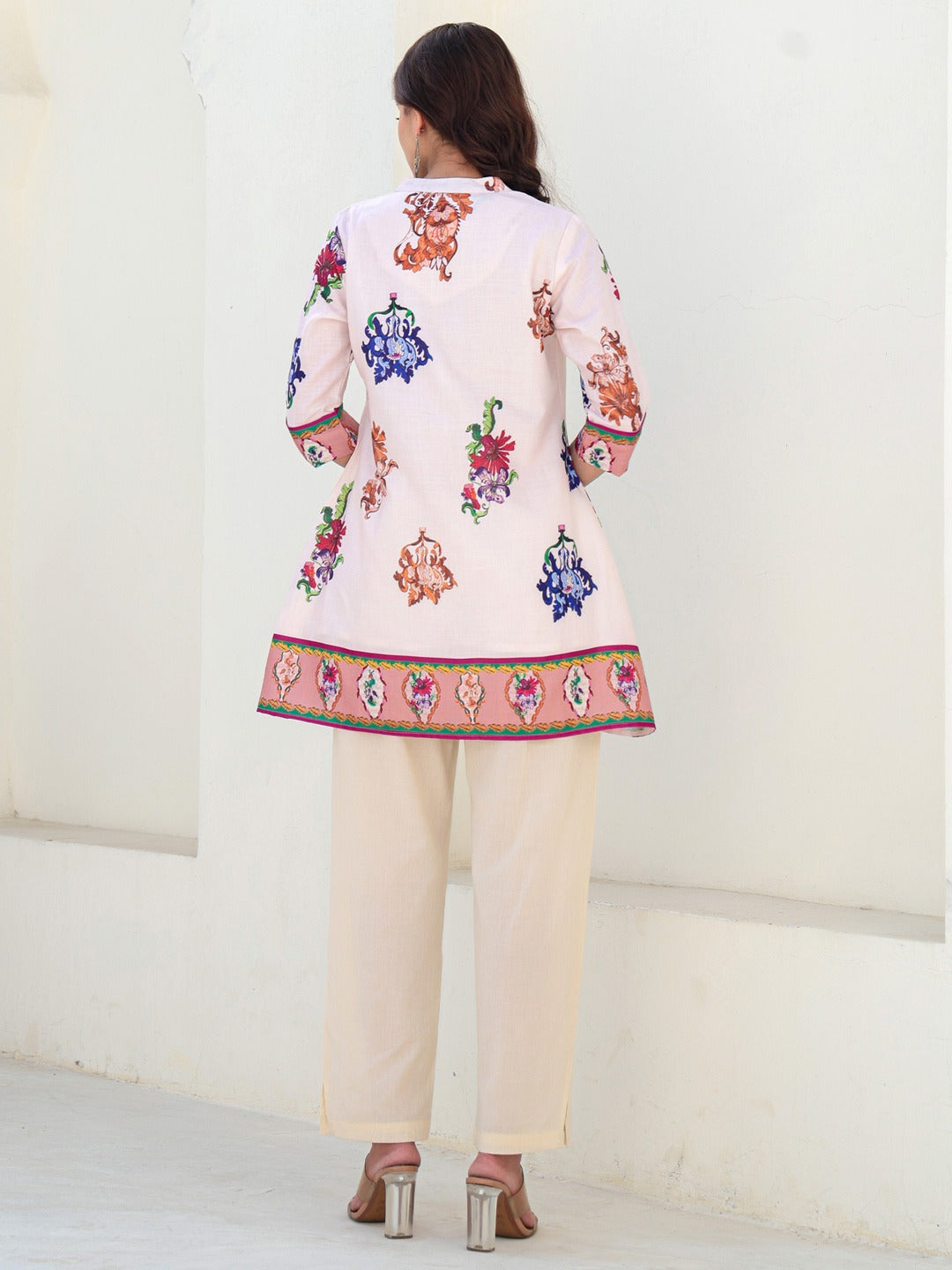 Off White Printed A-Line Kurta Trouser Set