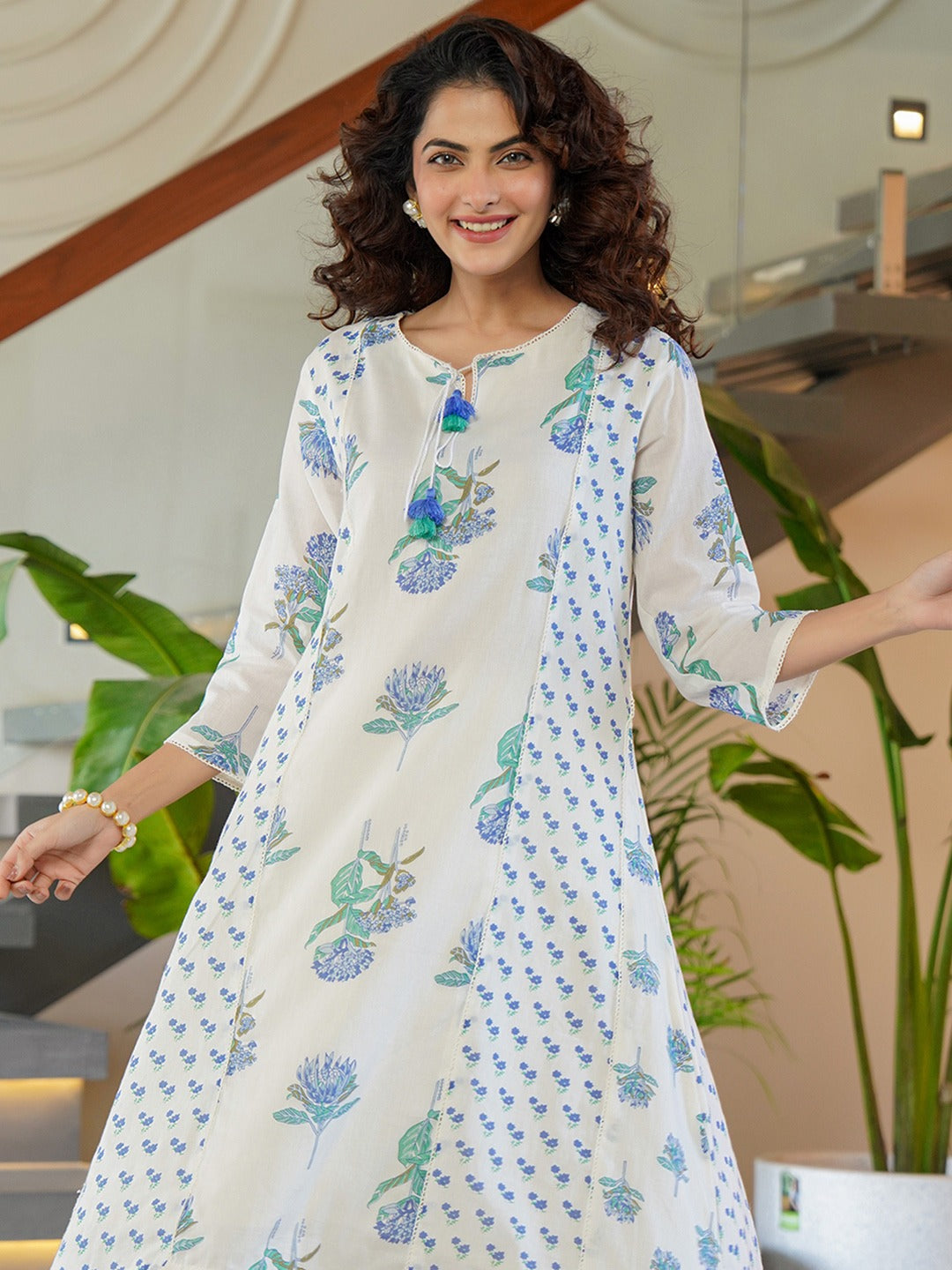 White Printed A-Line Kurta Trousers Set