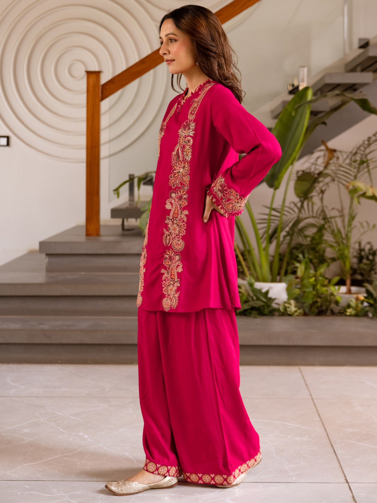 Pink Embroidered Viscose Rayon Straight Kurta Palazzo Set