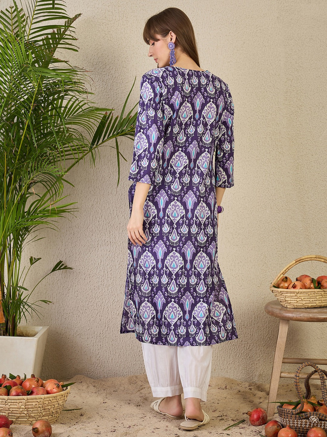Purple Printed Cotton Straight Geometric Kurtas
