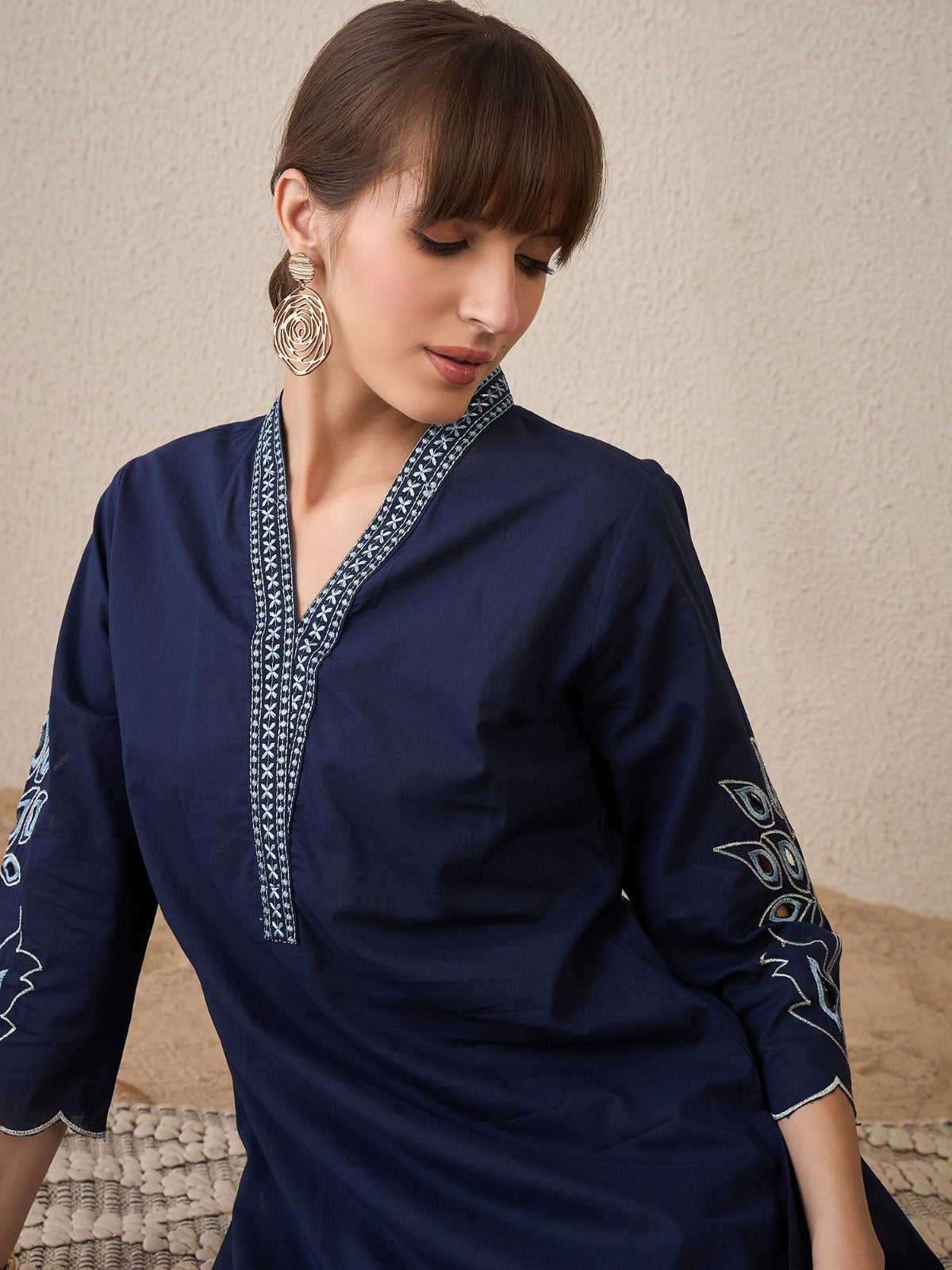 Navy Blue Embroidered Straight Kurta Set