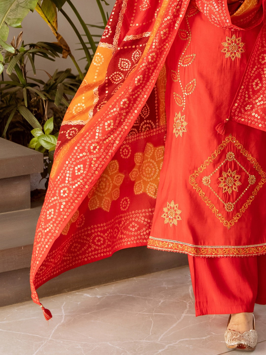 Red Embroidered Silk Blend Straight Kurta Palazzos With Dupatta