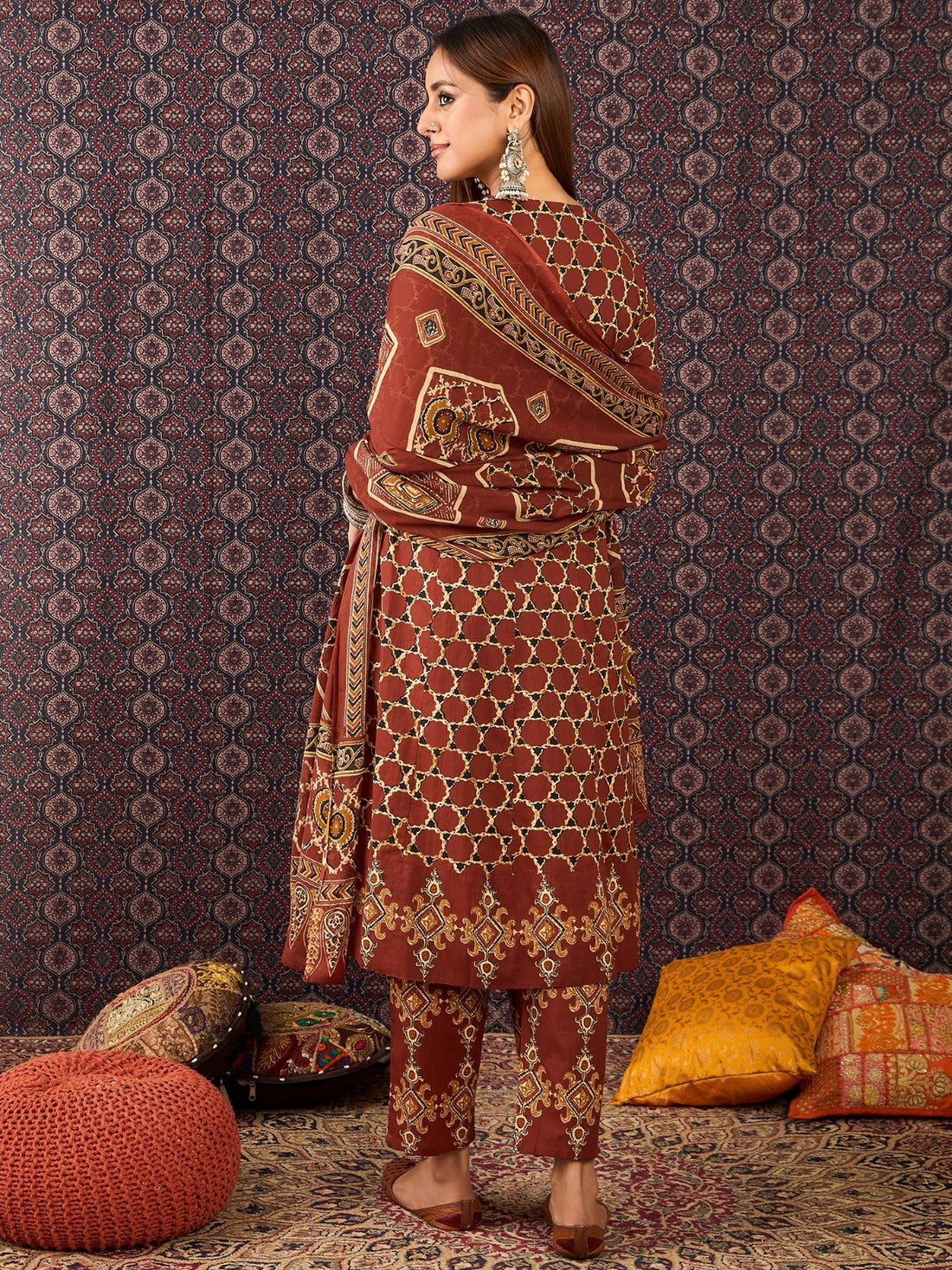 Maroon Printed Pure Cotton A-Line Kurta Sets With Dupatta