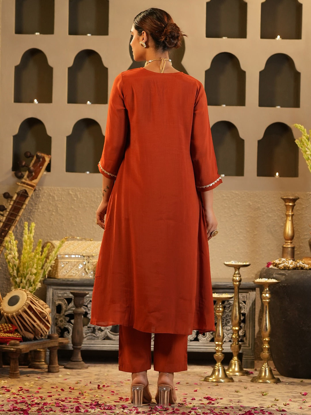 Rust Embroidered Chanderi Silk A-Line Kurta Trouser Set