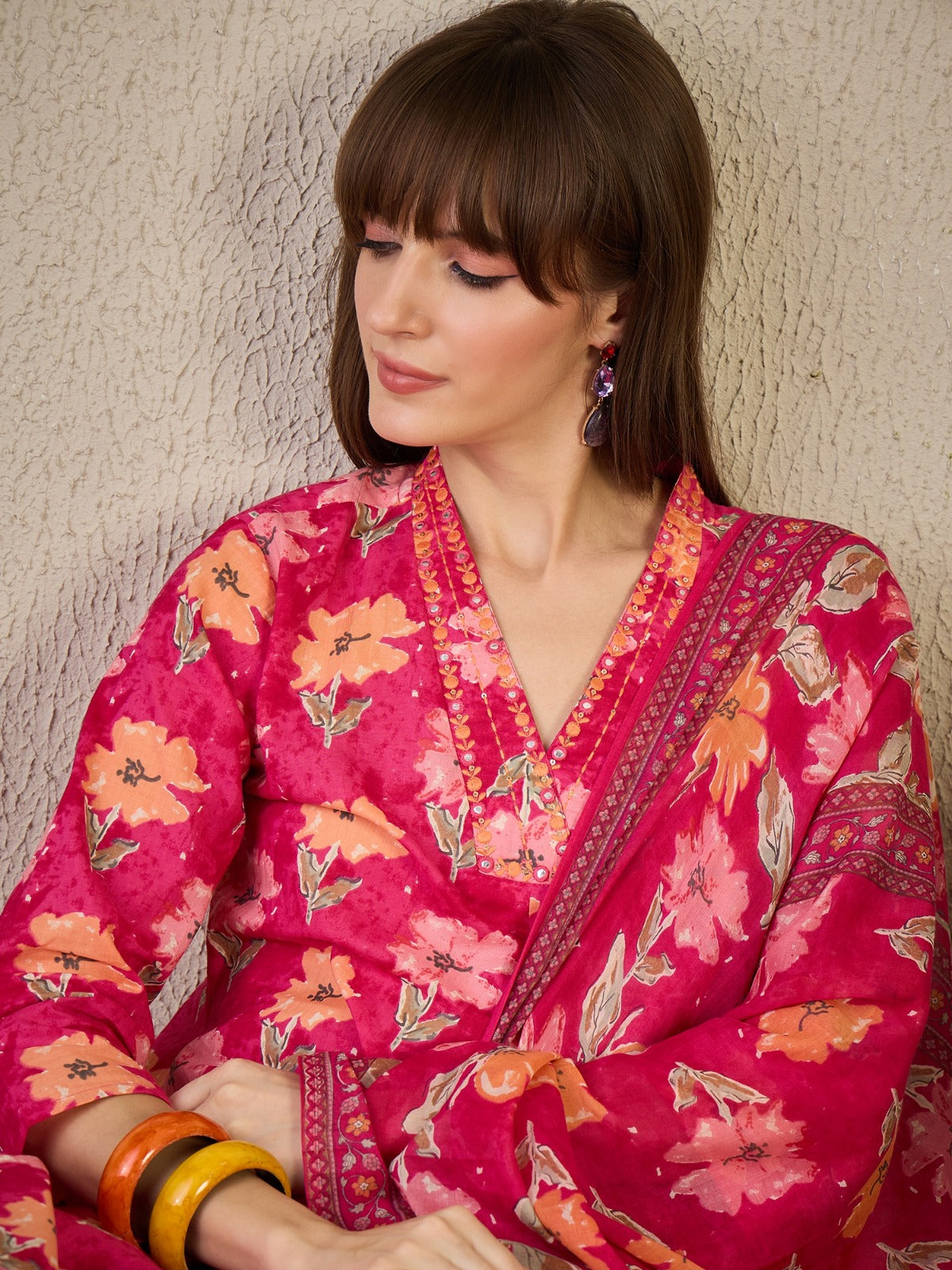 Pink Printed Pure Cotton A-Line Kurta Sets With Dupatta