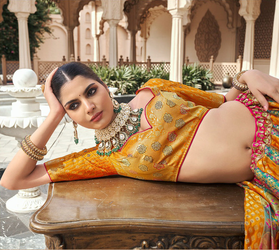 Premium Banarasi Silk With Zarkan And Cutwork Woth Clutch With Latkan Belt