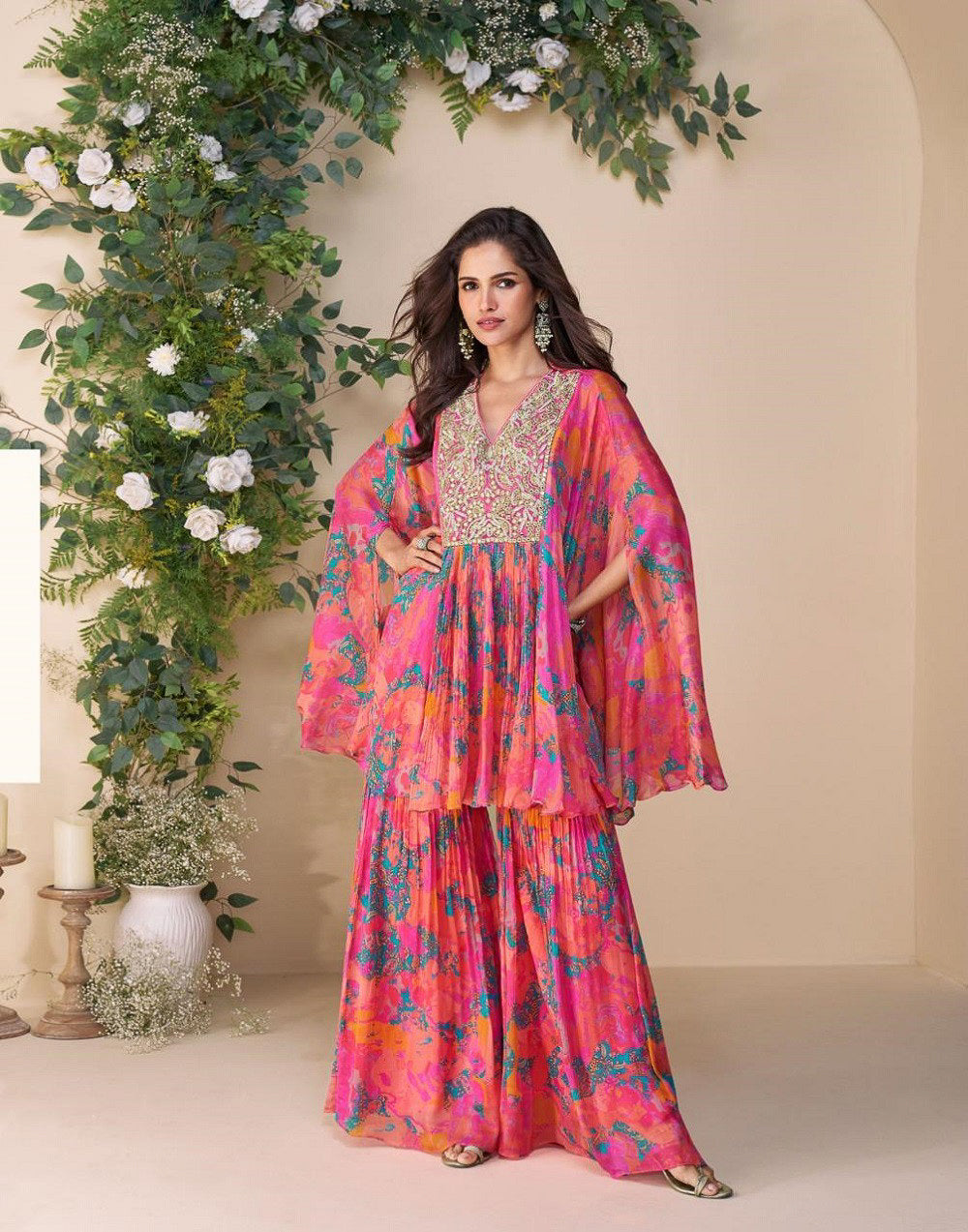 EMBROIDERED TOP WITH HAND EMBELLISHED WORK PONCHO STYLE  WITH PLAZZO