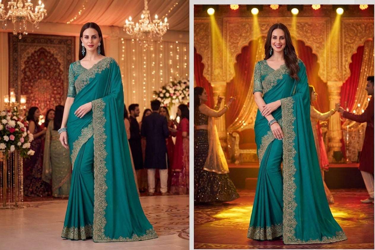 Silk Chiffon Party Wear Saree - Sea Green