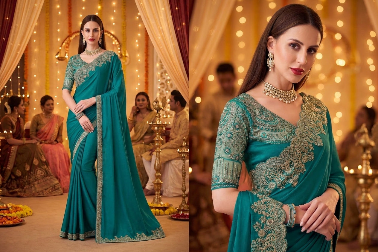 Silk Chiffon Party Wear Saree - Sea Green
