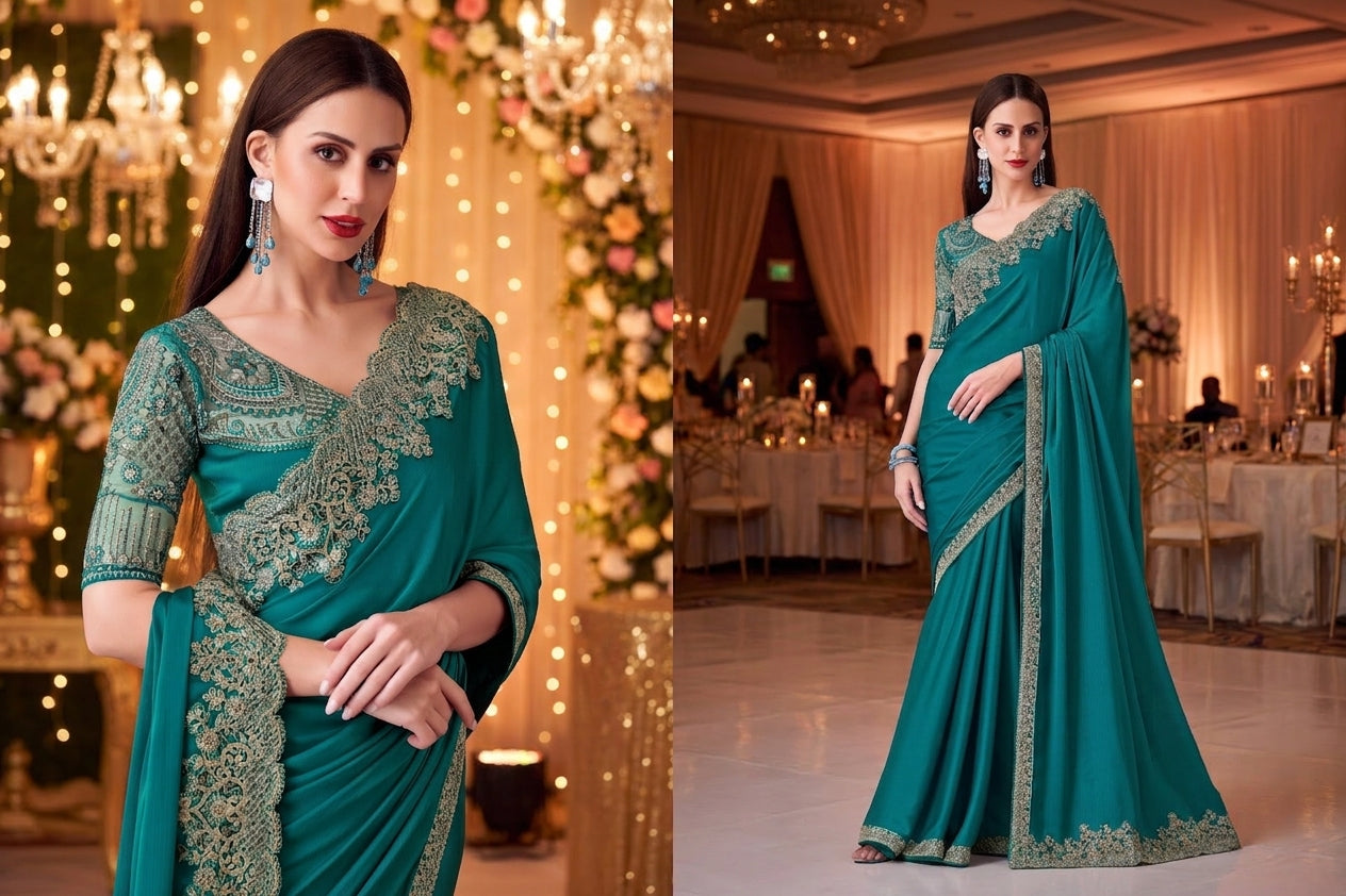 Silk Chiffon Party Wear Saree - Sea Green