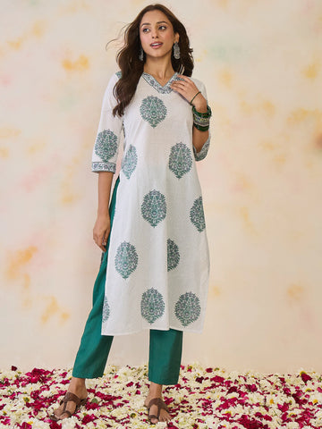 White Printed Straight Kurtas