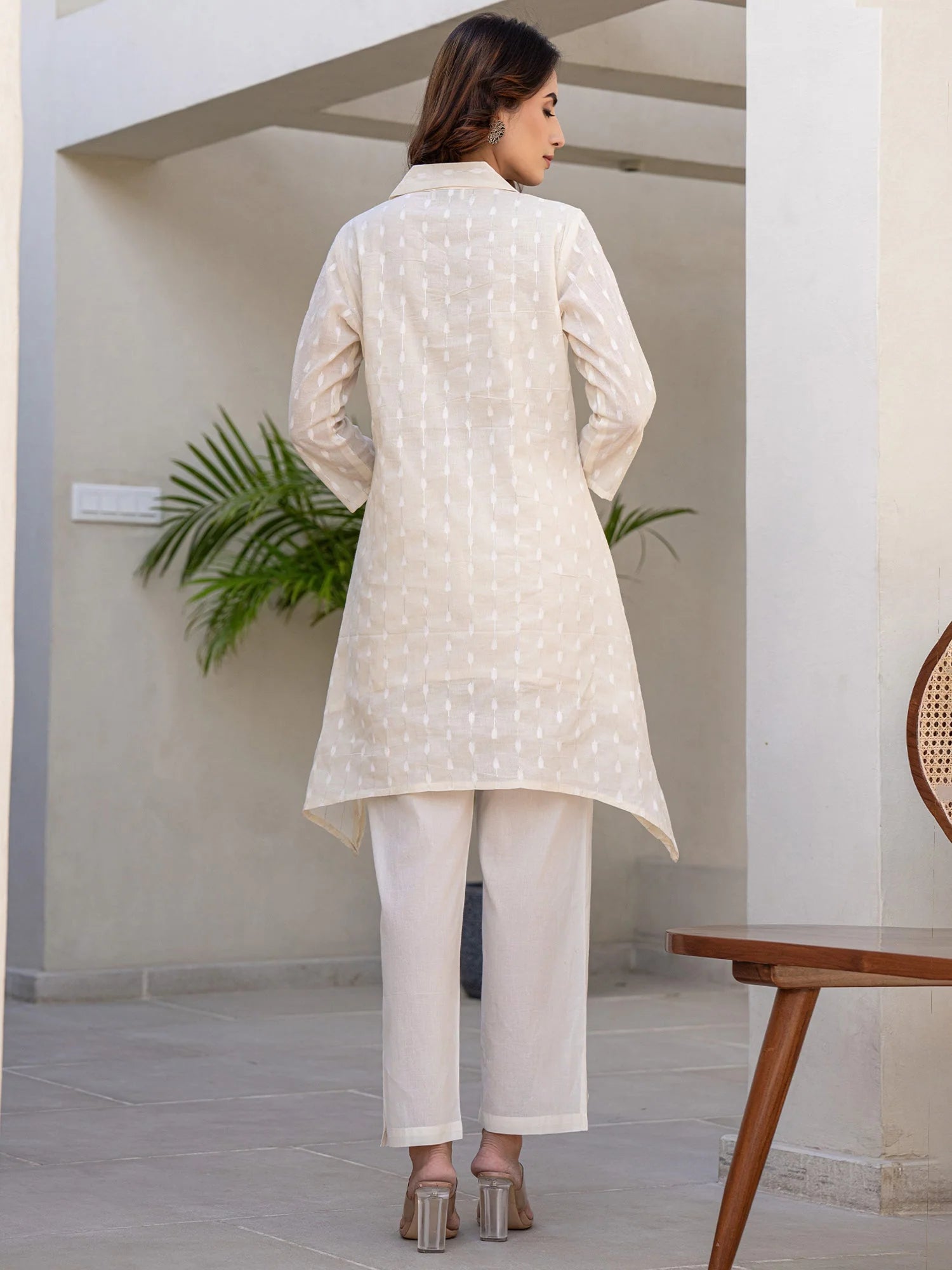 Off White Printed A-Line Kurta Trousers Set