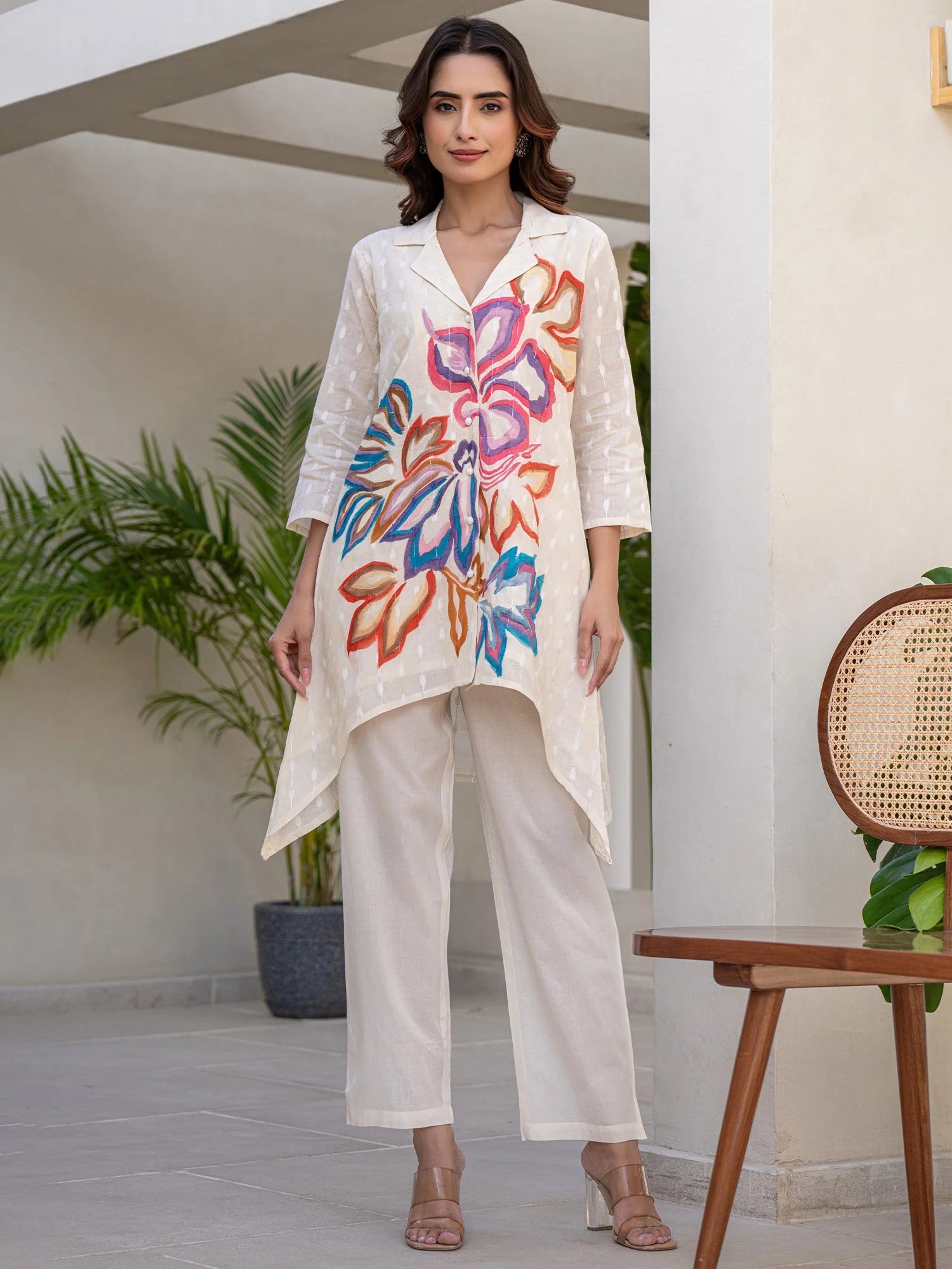 Off White Printed A-Line Kurta Trousers Set