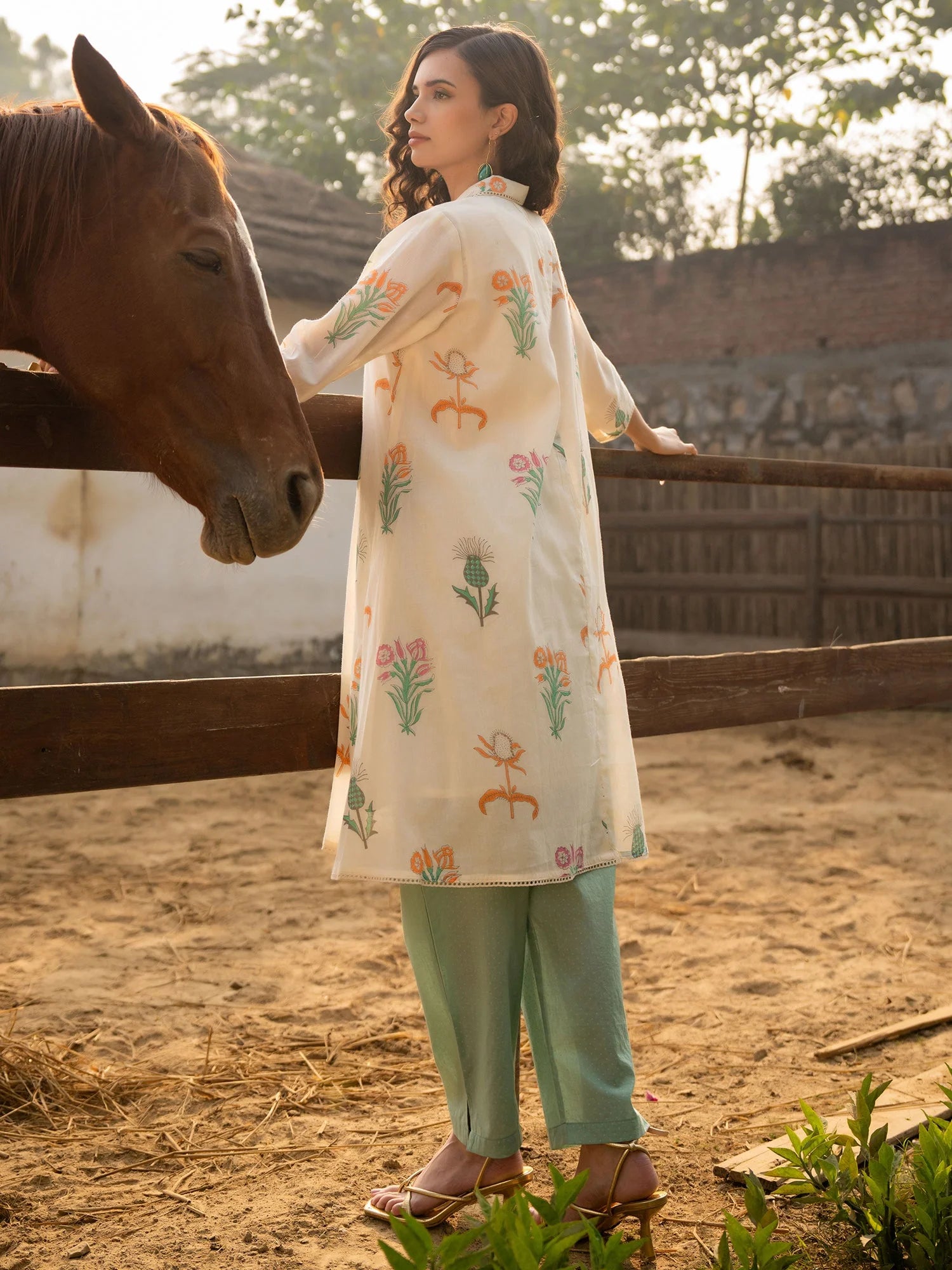 Off White Printed A-Line Kurta Trousers Set