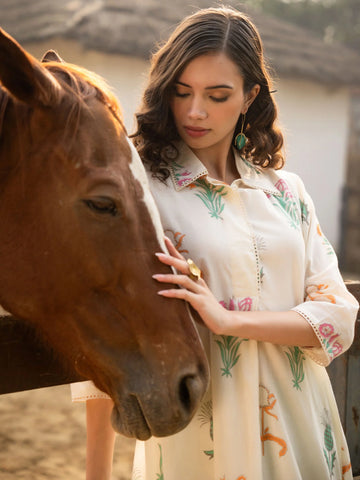 Off White Printed A-Line Kurta Trousers Set