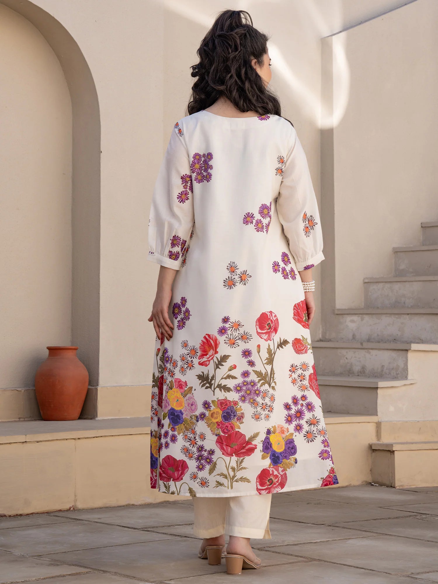Off White Printed A Line Kurta Trouser set