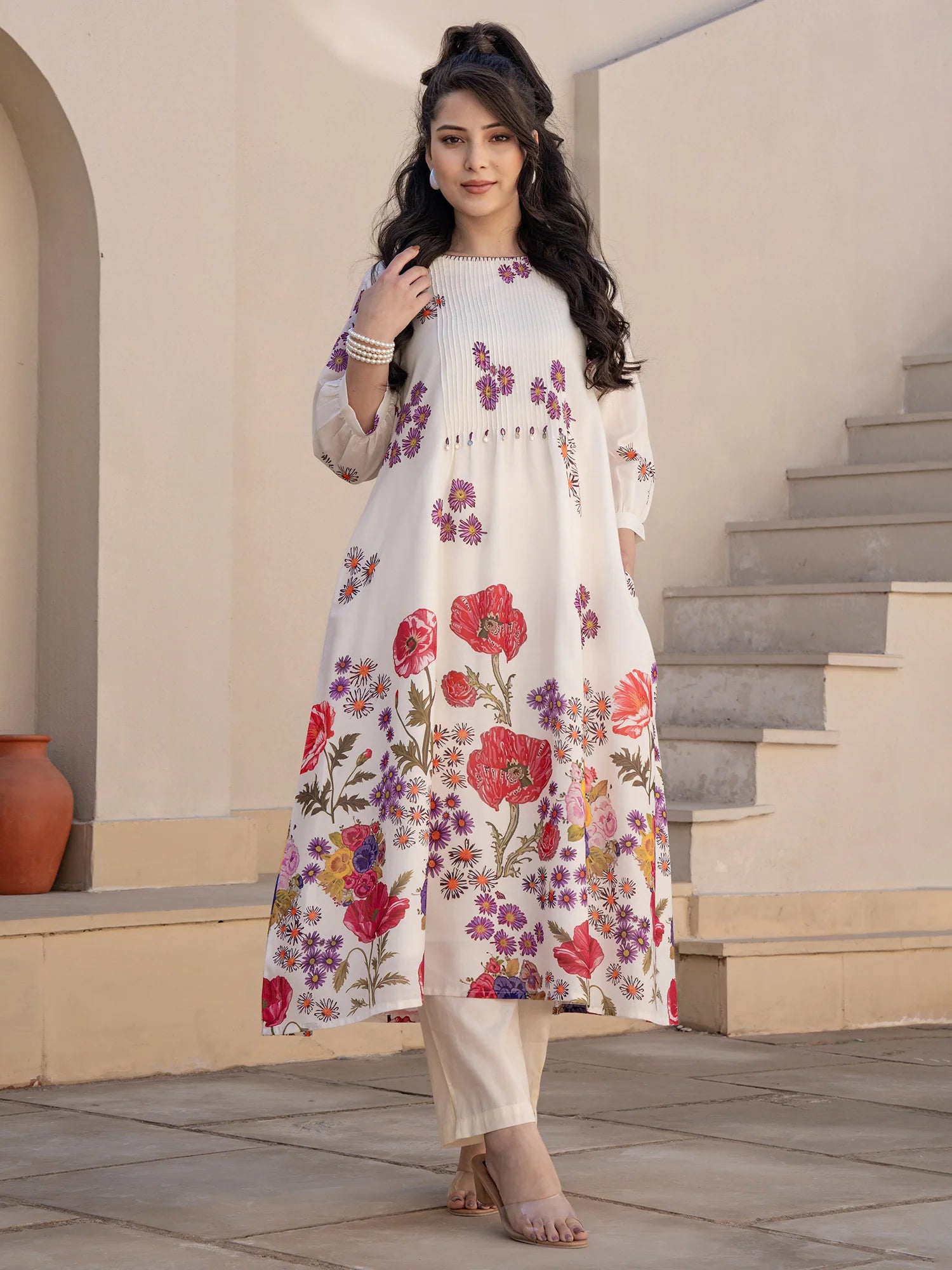 Off White Printed A Line Kurta Trouser set