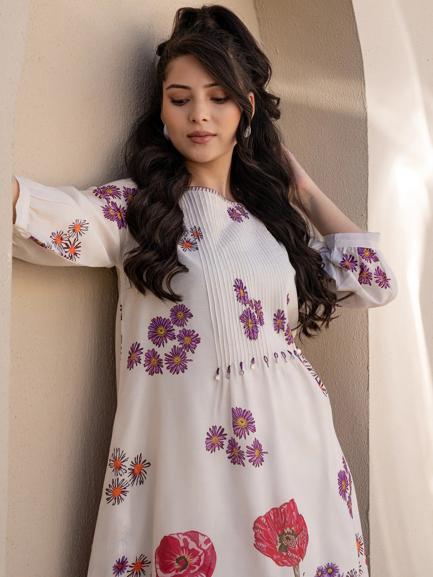 Off White Printed A Line Kurta Trouser set