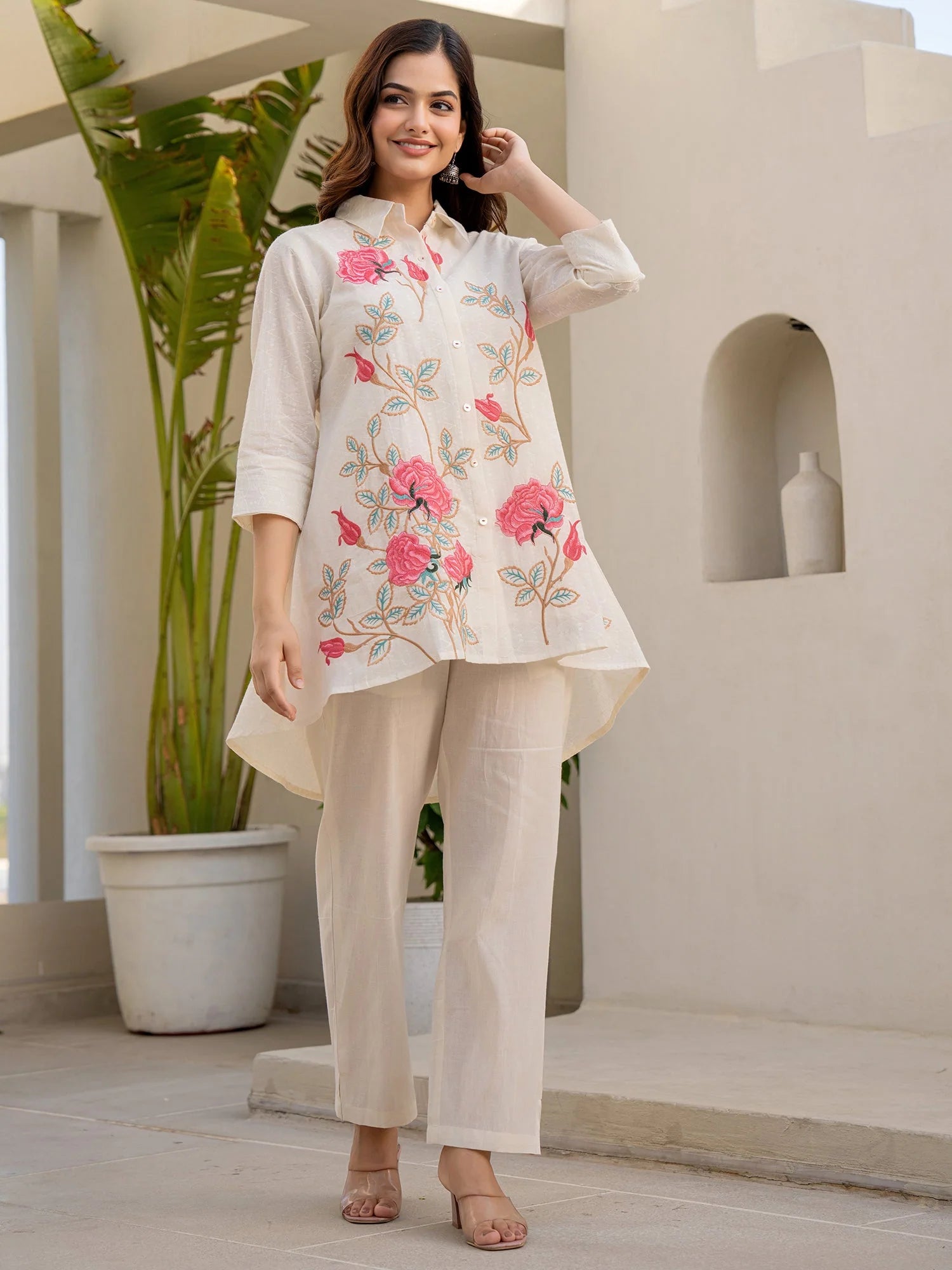 Off White Embroidered A Line Short Kurti Pant set
