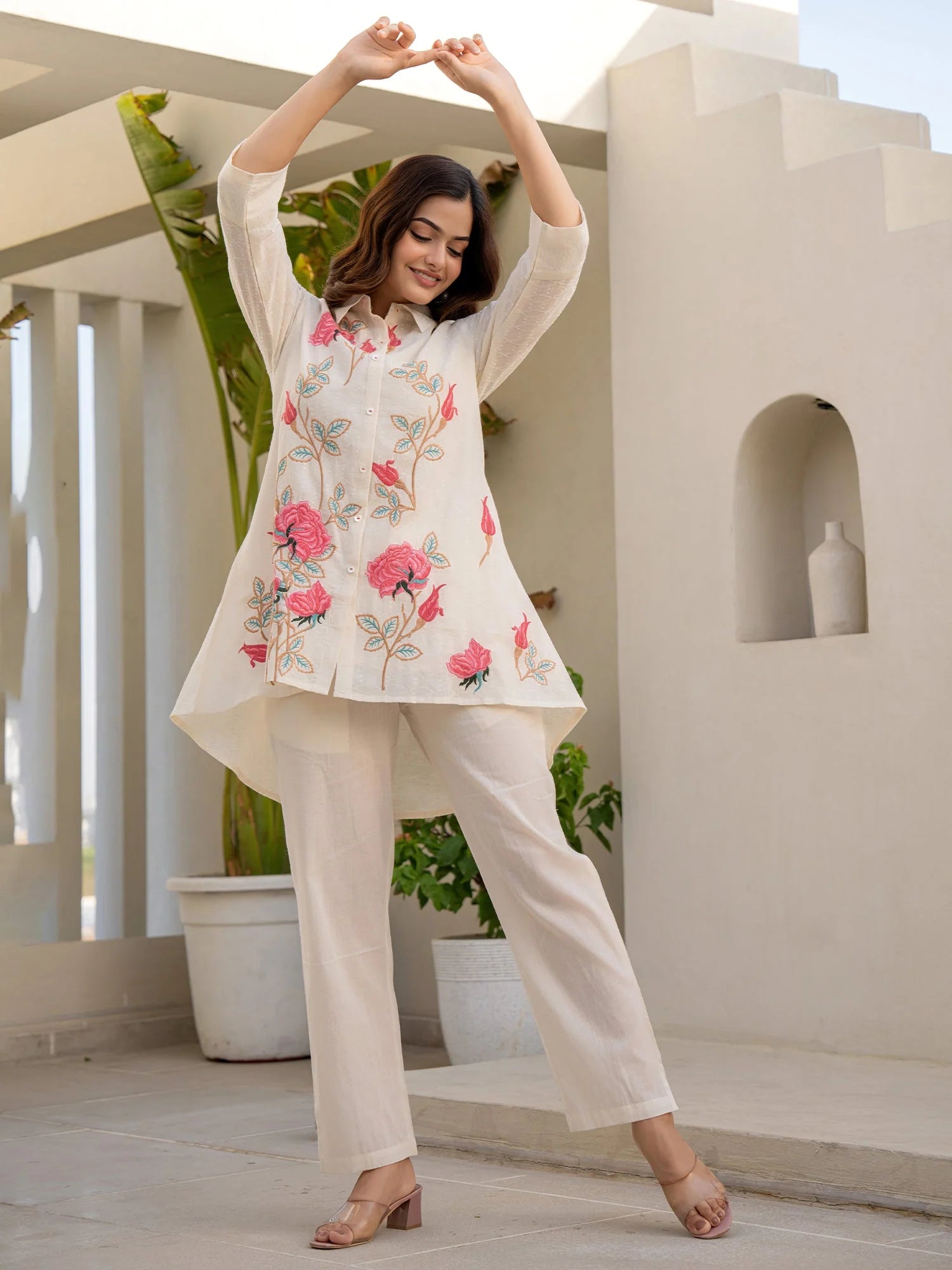 Off White Embroidered A Line Short Kurti Pant set